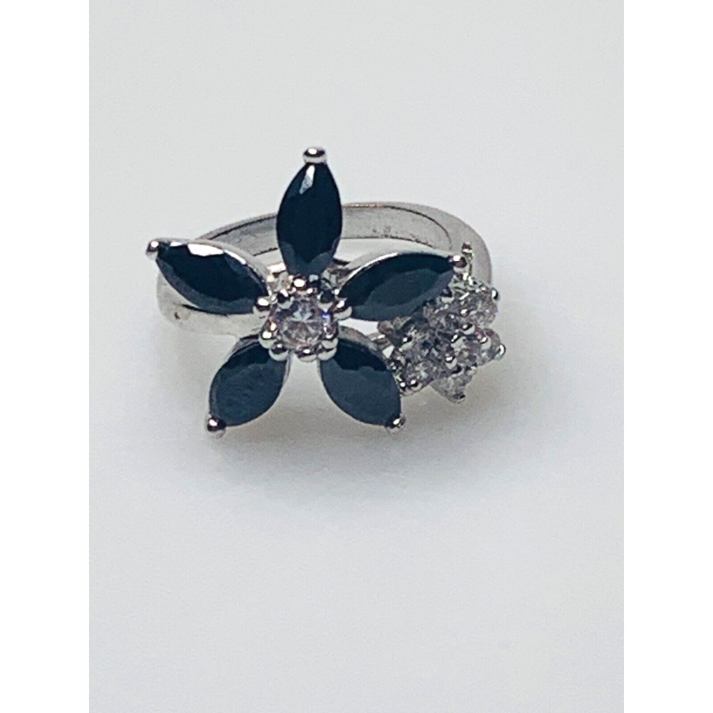 Black & Clear Flower Ring, Black Marquise Stones, Clear Stone Cluster, Cocktail